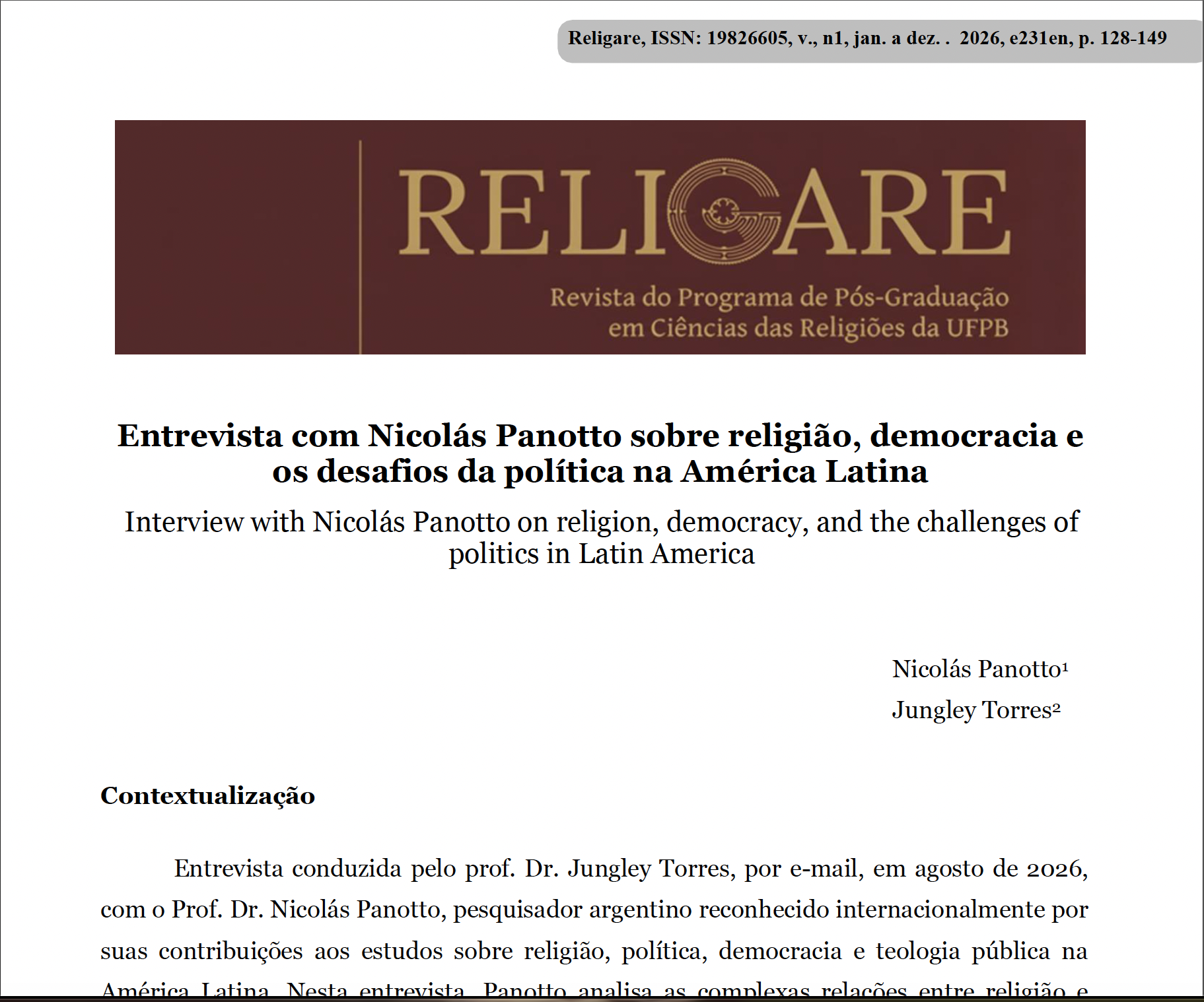 Entrevista para la revista «Religare»